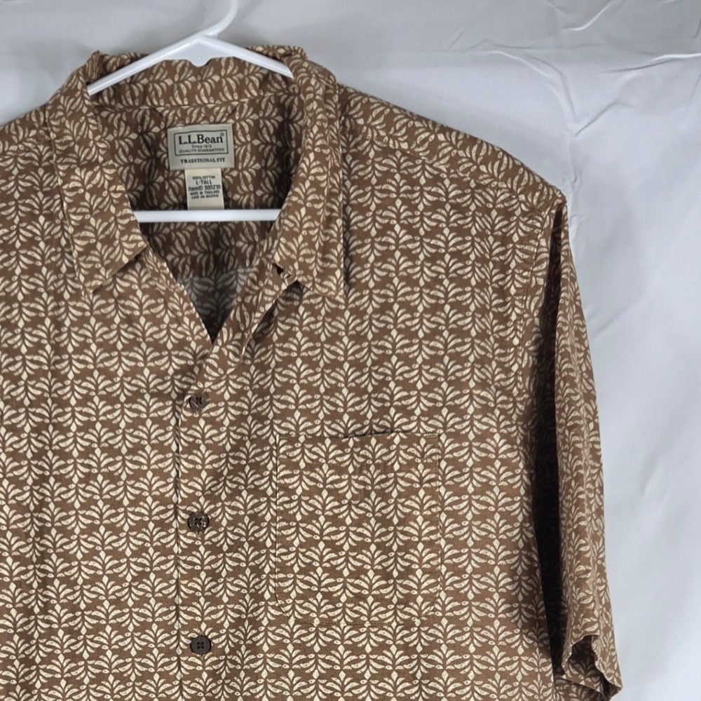 LL Bean Mens Large Tall Brown Geometric Leaf Print Cotton Loop Collar Shirt L-T